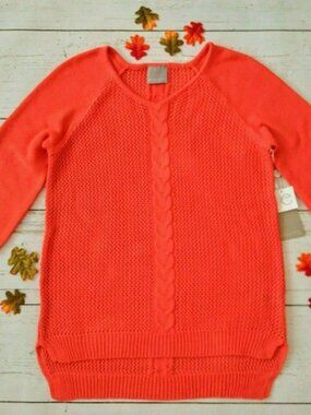 Evolution Cable Lace Knit Tunic Sweater XL V-Neck 3/4 Sleeves Orange Beautiful